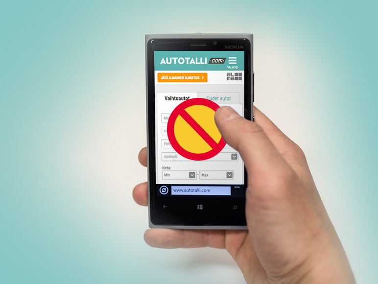 Autotalli.com -palvelu ei tue vanhempia Internet Explorer -selaimia eikä Lumia-puhelimia