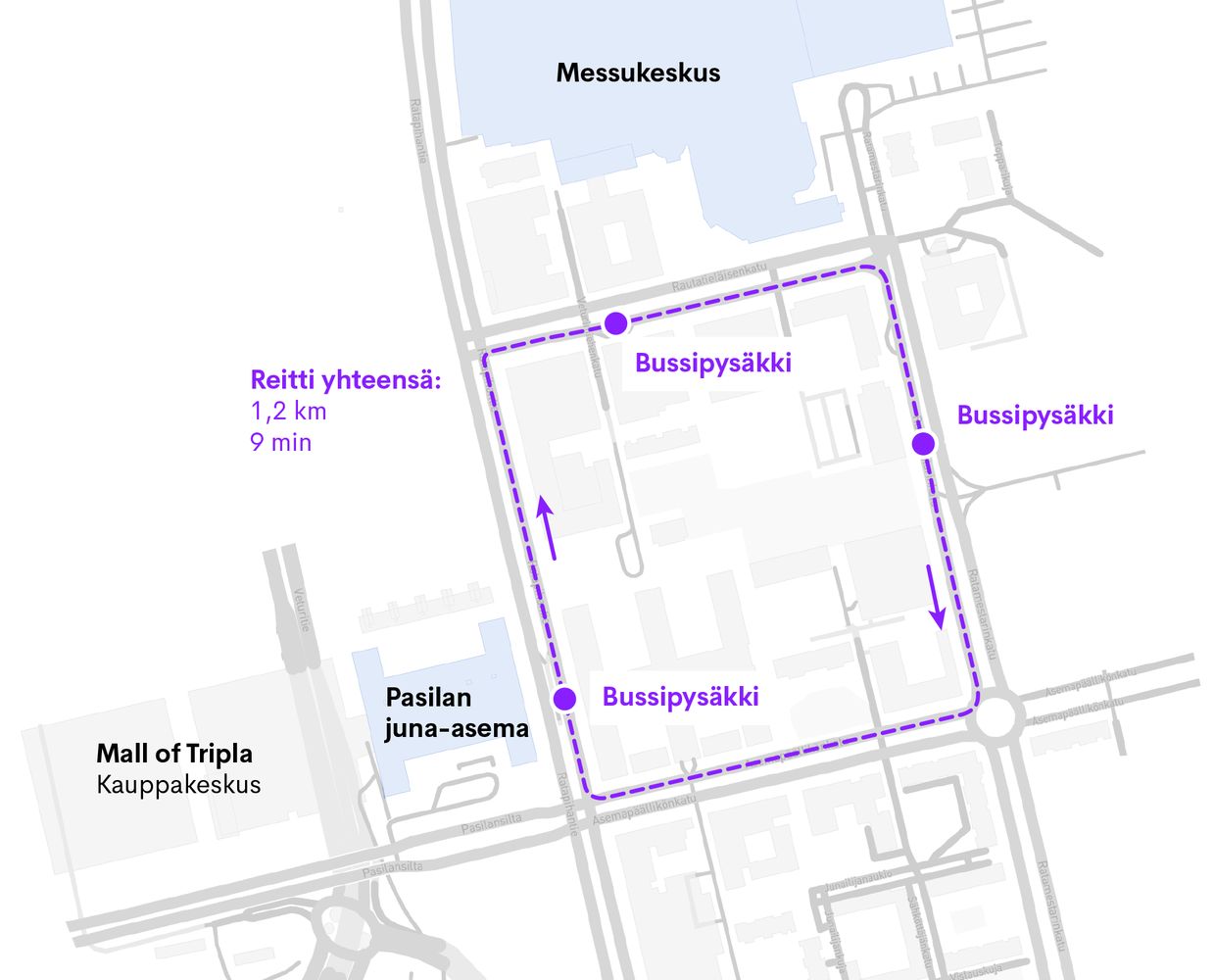 Robottibussin reitti Helsingiss&auml;